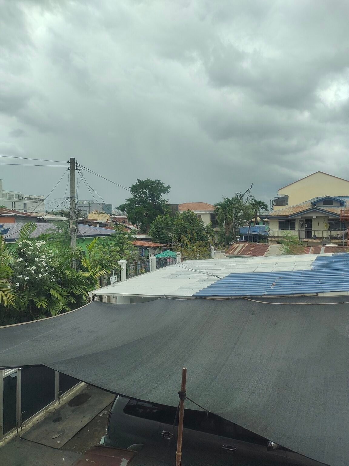 Heavy rain shower in a city