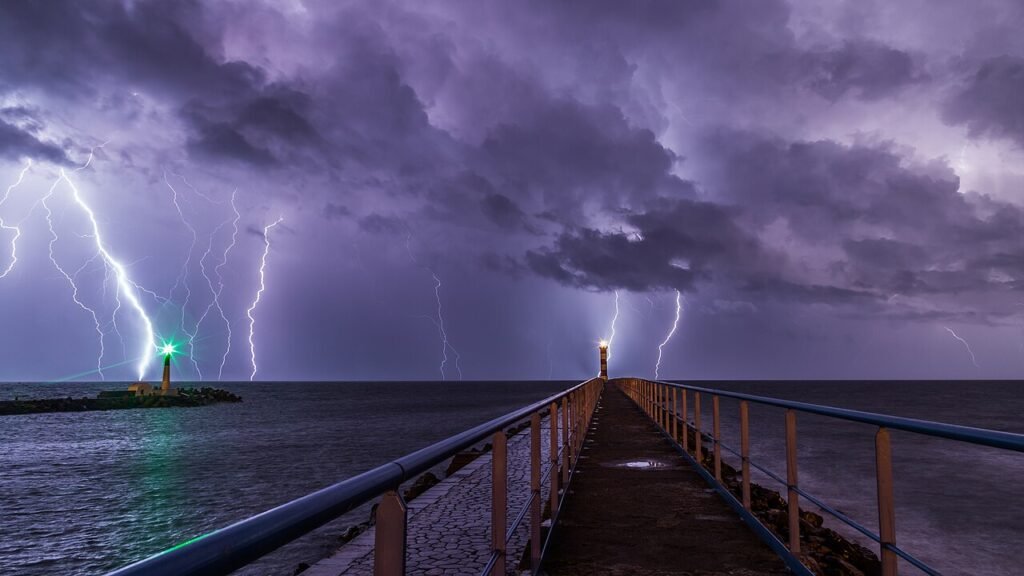 Overnight storm with lightning at a port